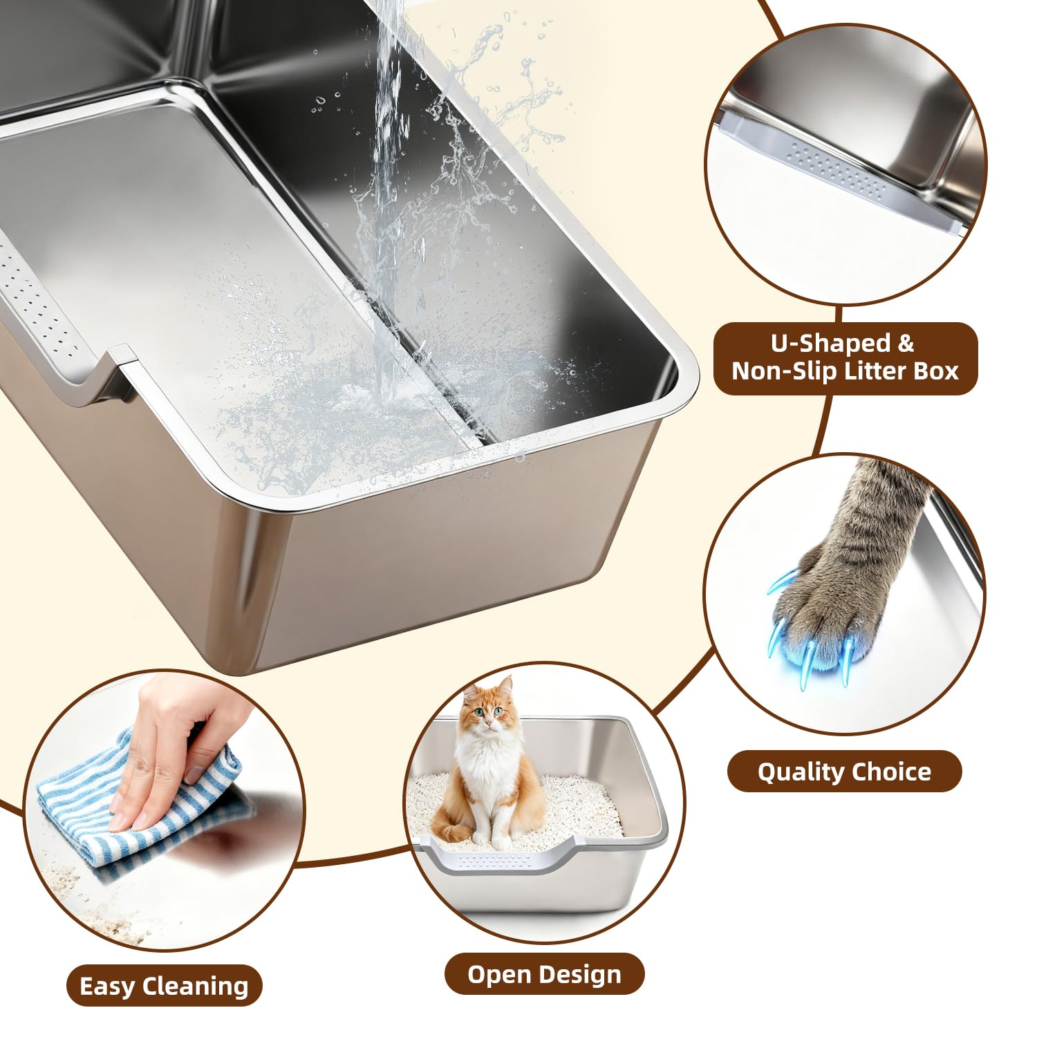 Tondid Boîte Litière Chat Acier Inox avec tapis anti-glisse facilitant les sorties des chatons