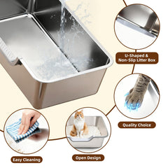 Tondid Boîte Litière Chat Acier Inox avec tapis anti-glisse facilitant les sorties des chatons