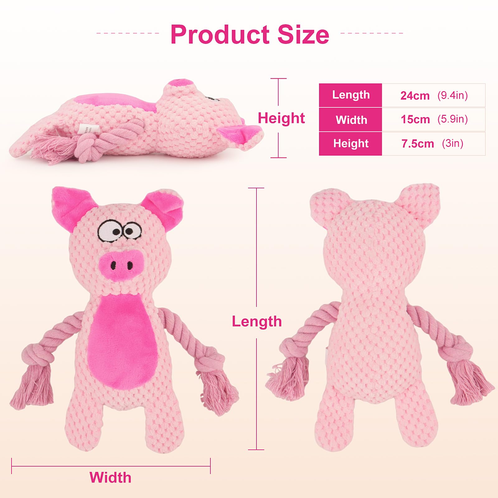 Peluche rose TONYFY avec corde coton, jeu interactif et tirage.