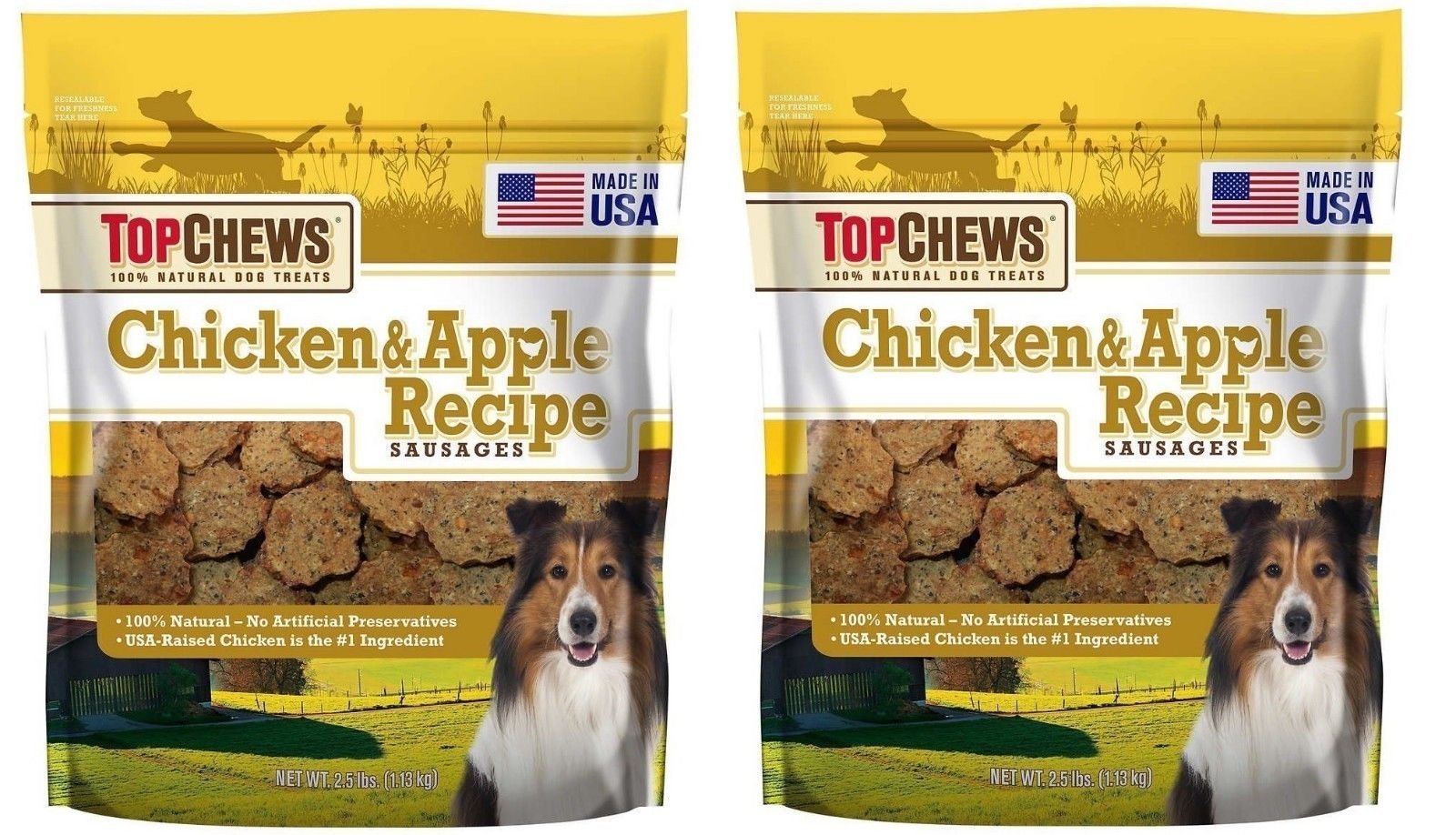 Top Chews Saucisses Poulet et Pomme — friandise naturelle pour chien, pratique et savoureuse.