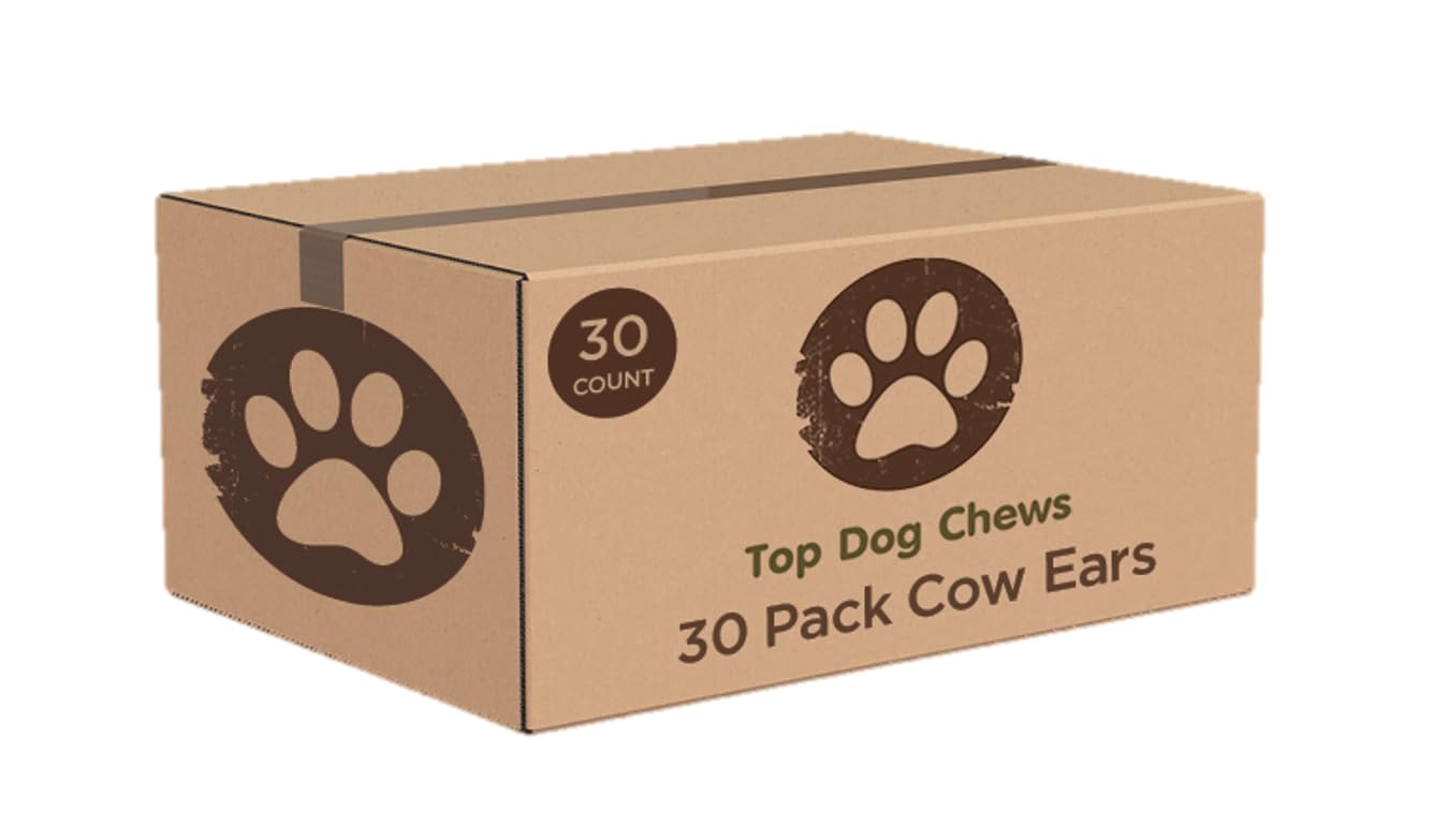 Top Dog Chews oreilles de vache epaises emballage, snack naturel et pratique.