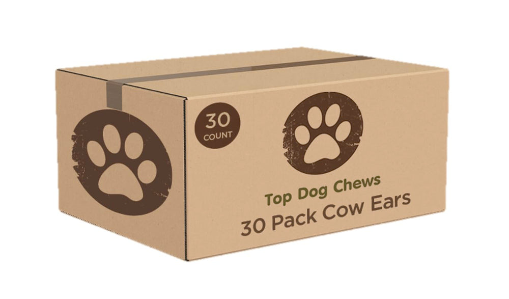 Top Dog Chews oreilles de vache epaises emballage, snack naturel et pratique.