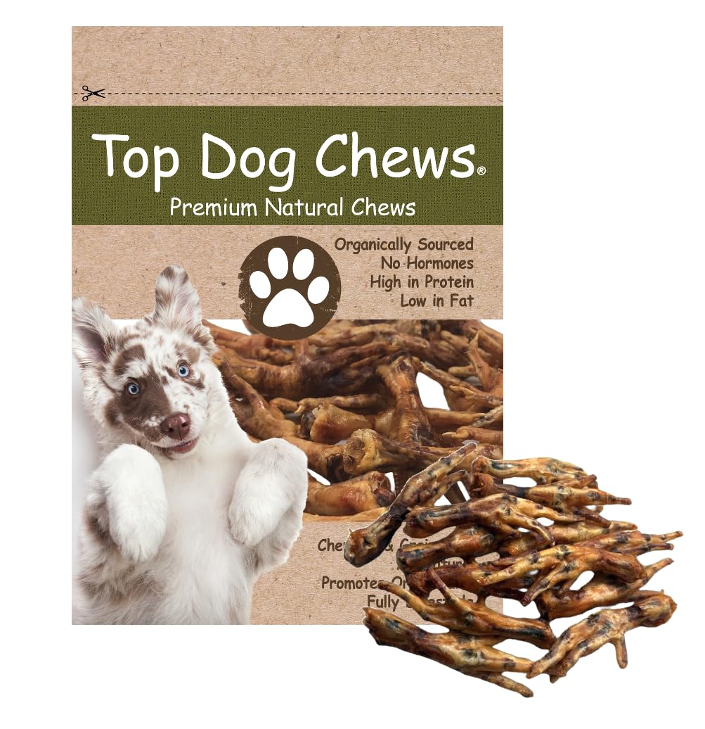 Top Dog Chews pattes-poulet-sechees : friandise naturelle favorisant le nettoyage dentaire.