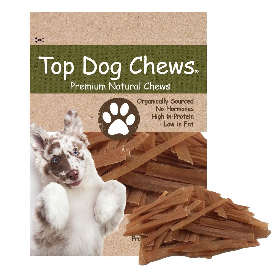 Top Dog Chews Tendons Dinde Plat Emballage : friandise naturelle prête à offrir.