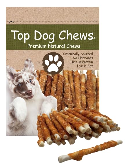 Top Dog Chews torsade poulet enroule : friandise naturelle pour occuper et récompenser votre chien.
