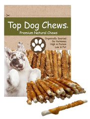 Top Dog Chews torsade poulet enroule : friandise naturelle pour occuper et récompenser votre chien.