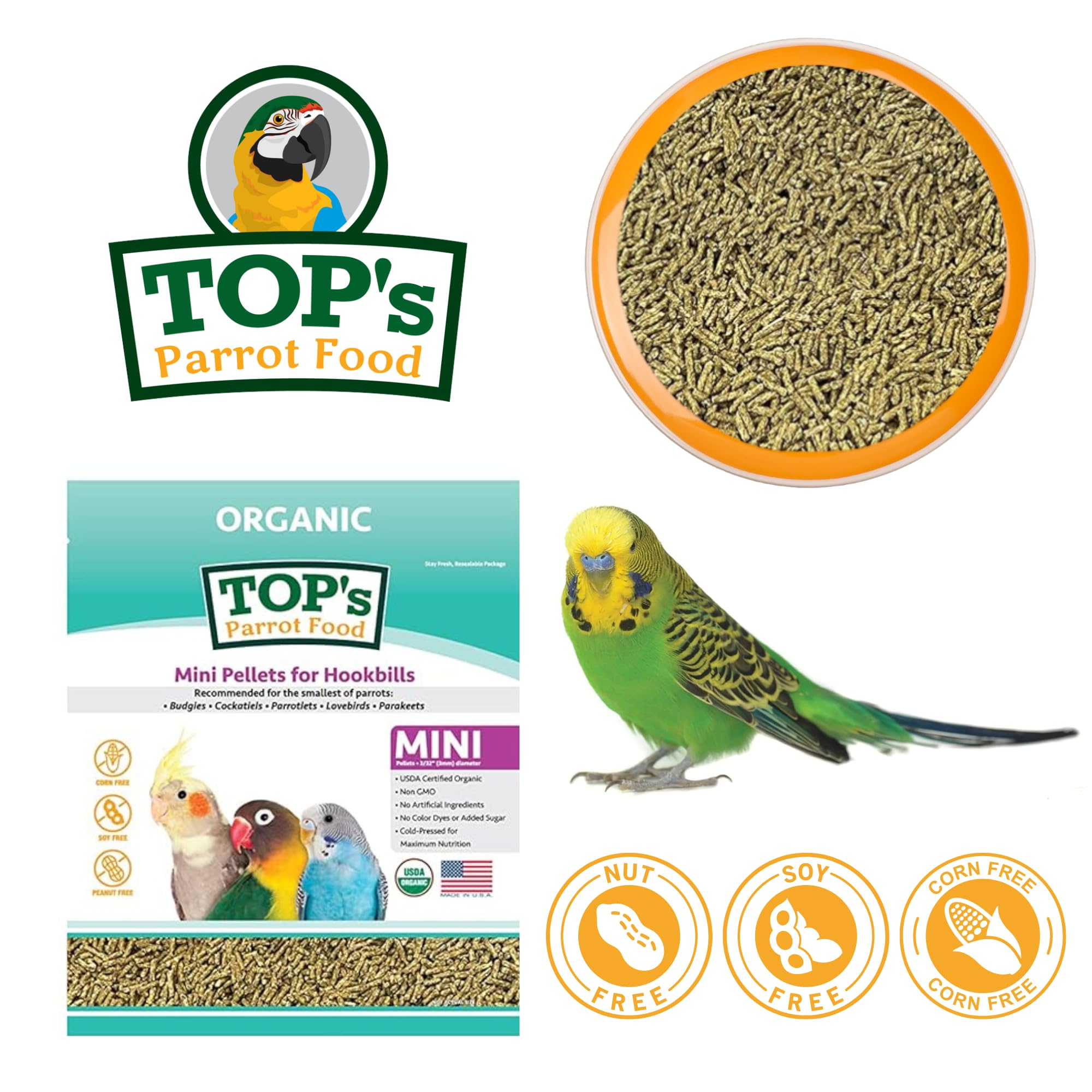 TOP's Parrot Food mini-pellets prêt à servir dans un bol quotidien.
