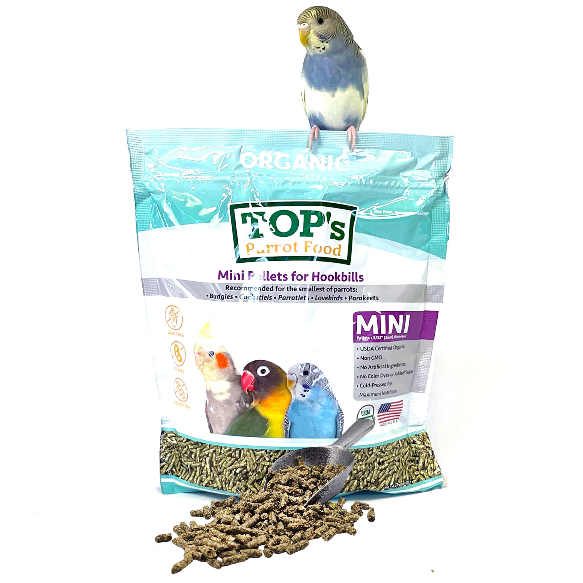 TOP's Parrot Food mini-pellets emballage clair pour stockage facile.