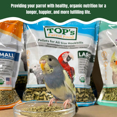 TOP's Parrot Food mini-pellets sans maïs pour une alimentation légère.