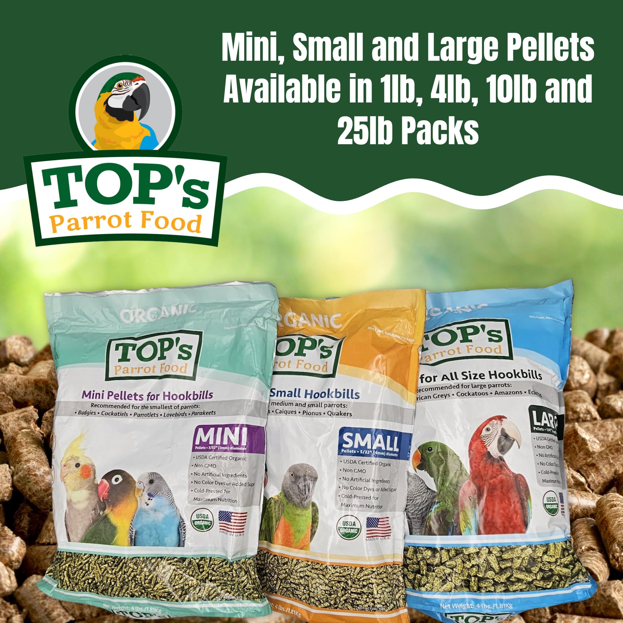 TOP's Parrot Food granulés mini composition naturelle avec ingrédients frais et sans agents de remplissage.