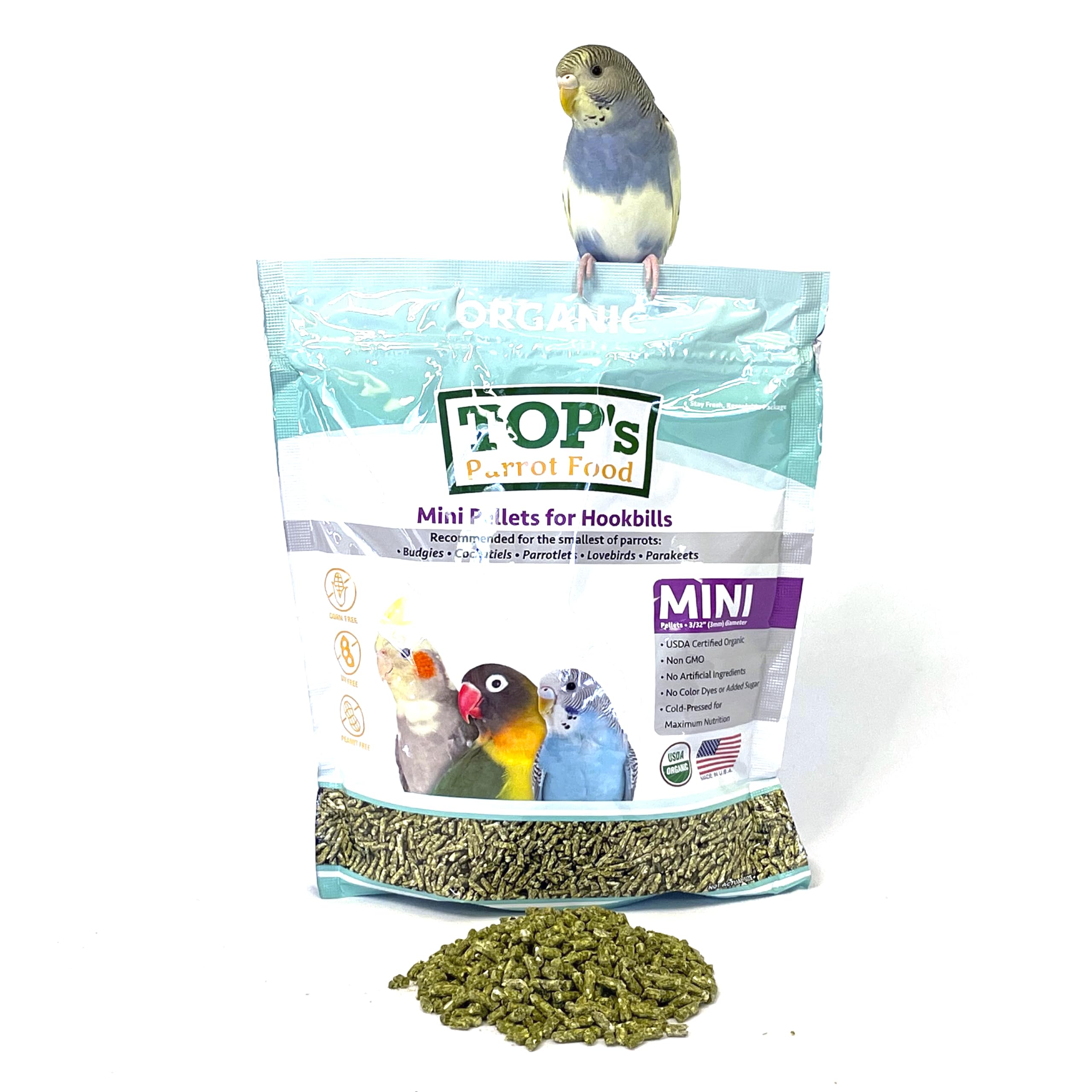 TOP's Parrot Food granulés mini emballage pratique pour l'alimentation quotidienne des oiseaux.