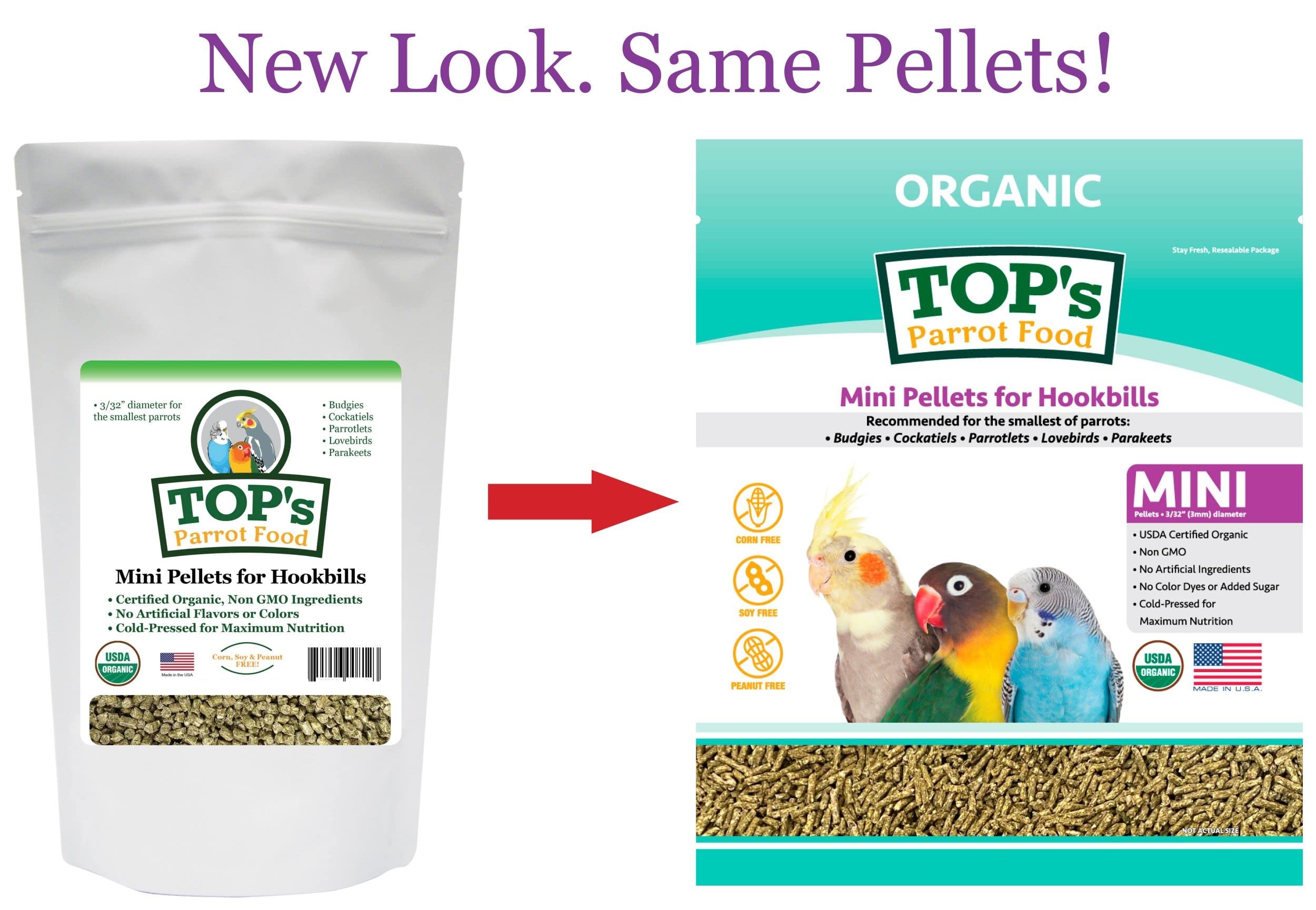 TOP's Parrot Food granulés mini taille adaptée pour petites perruches.