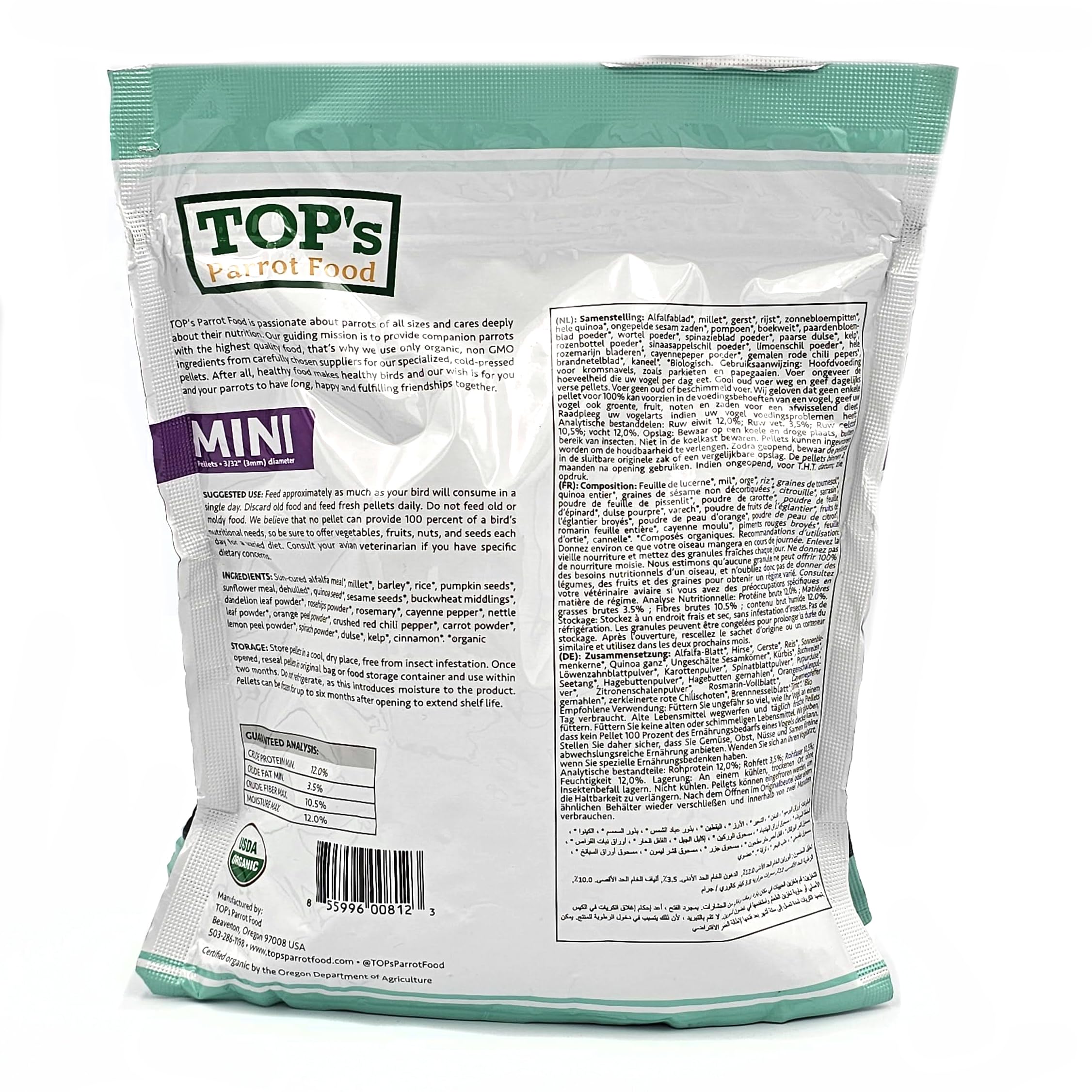 TOP's Parrot Food granulés mini utilisation quotidienne facile pour petites espèces.