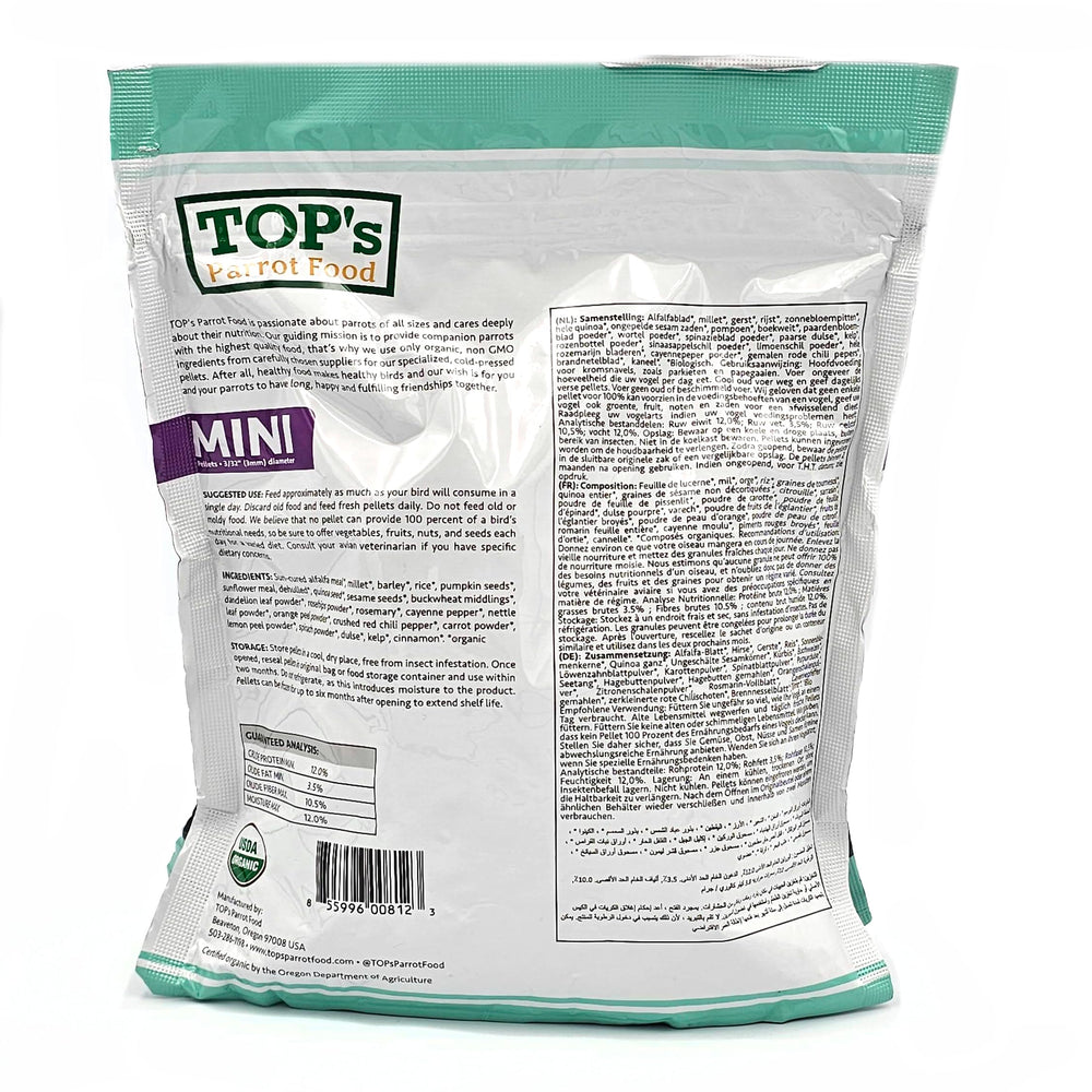 TOP's Parrot Food granulés mini utilisation quotidienne facile pour petites espèces.