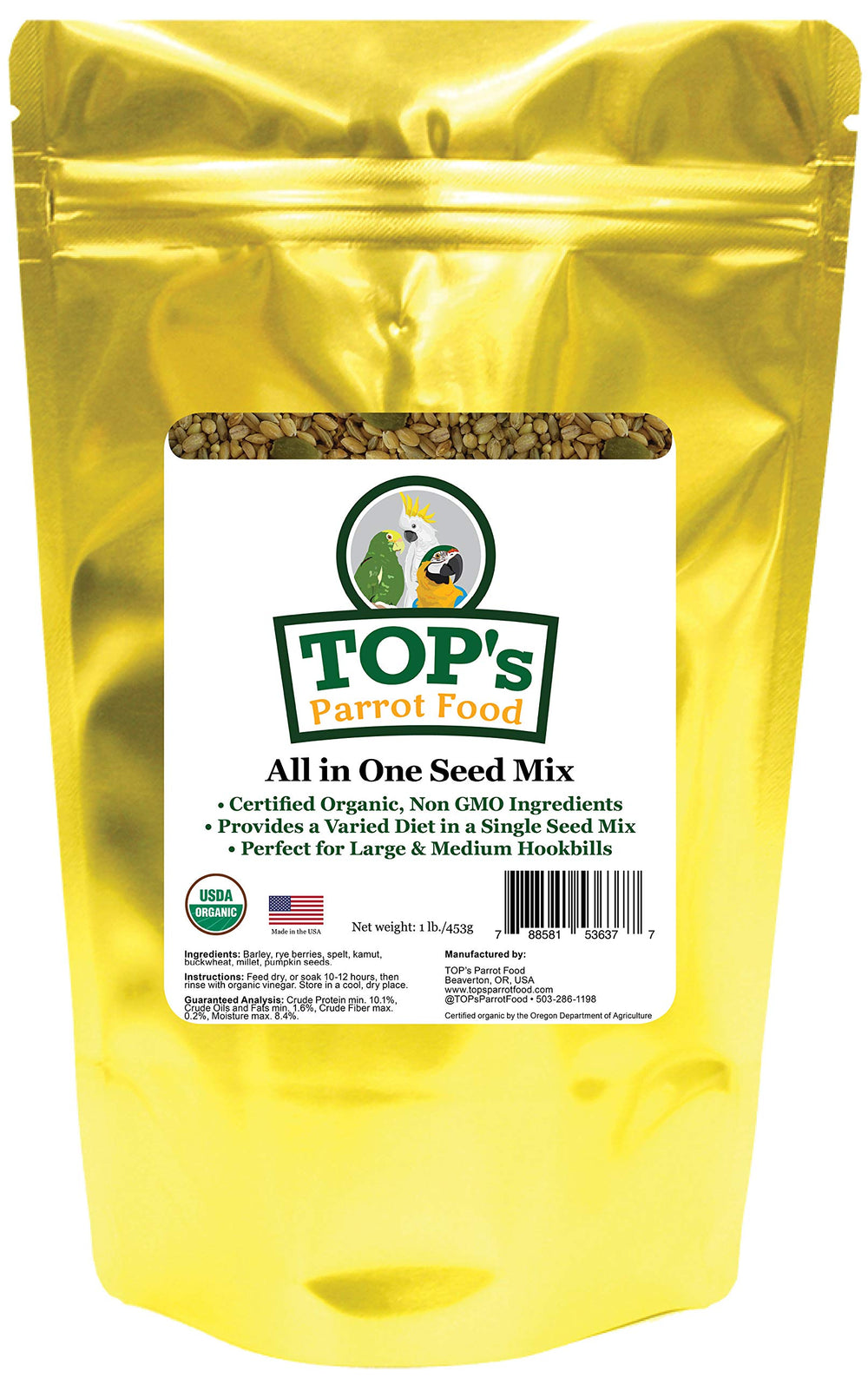 Emballage pratique de TOP's Parrot Food, préserve la fraîcheur du mélange.