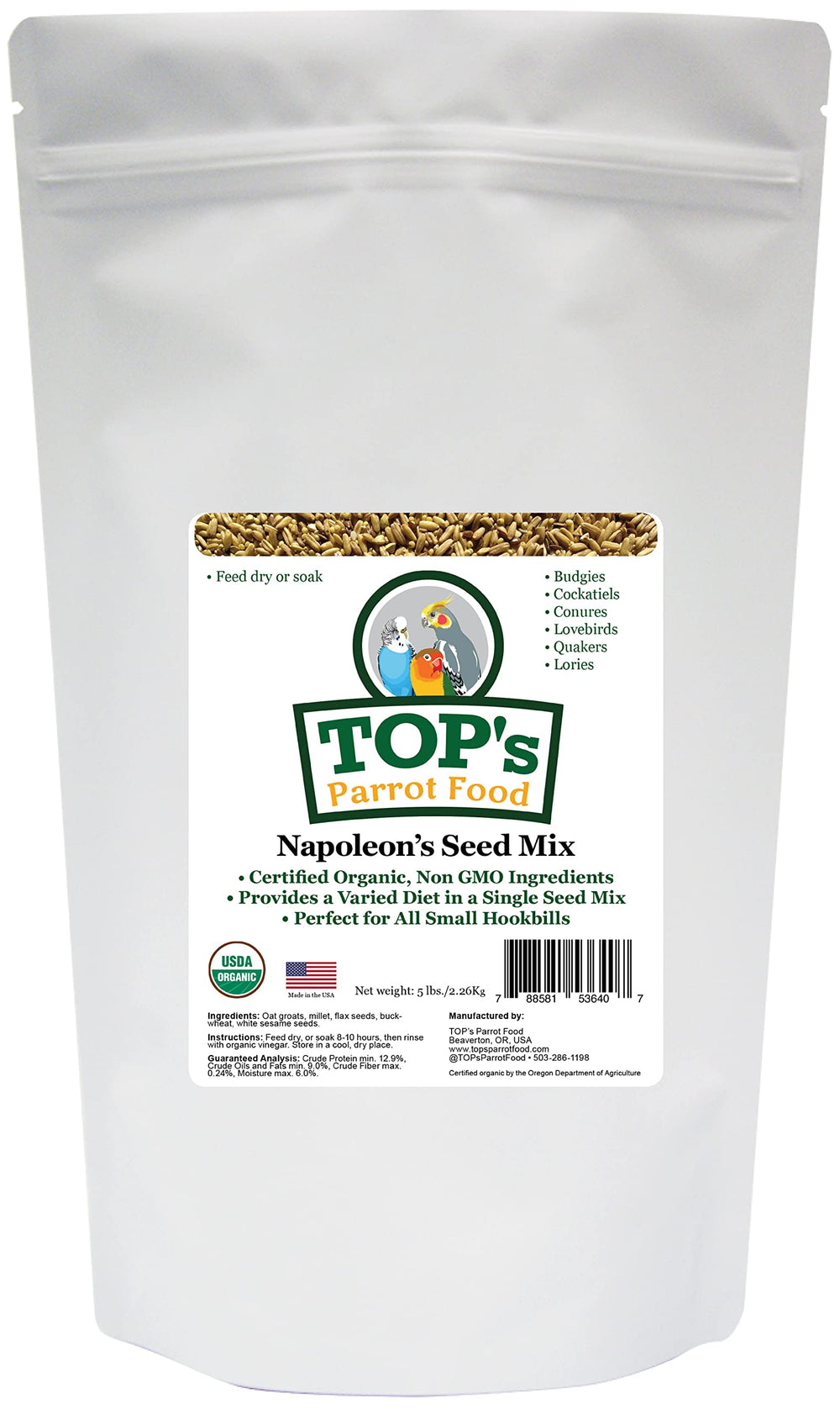 TOP's Parrot Food Napoléon's Mélange pour petits psittaciformes, prêt à nourrir.