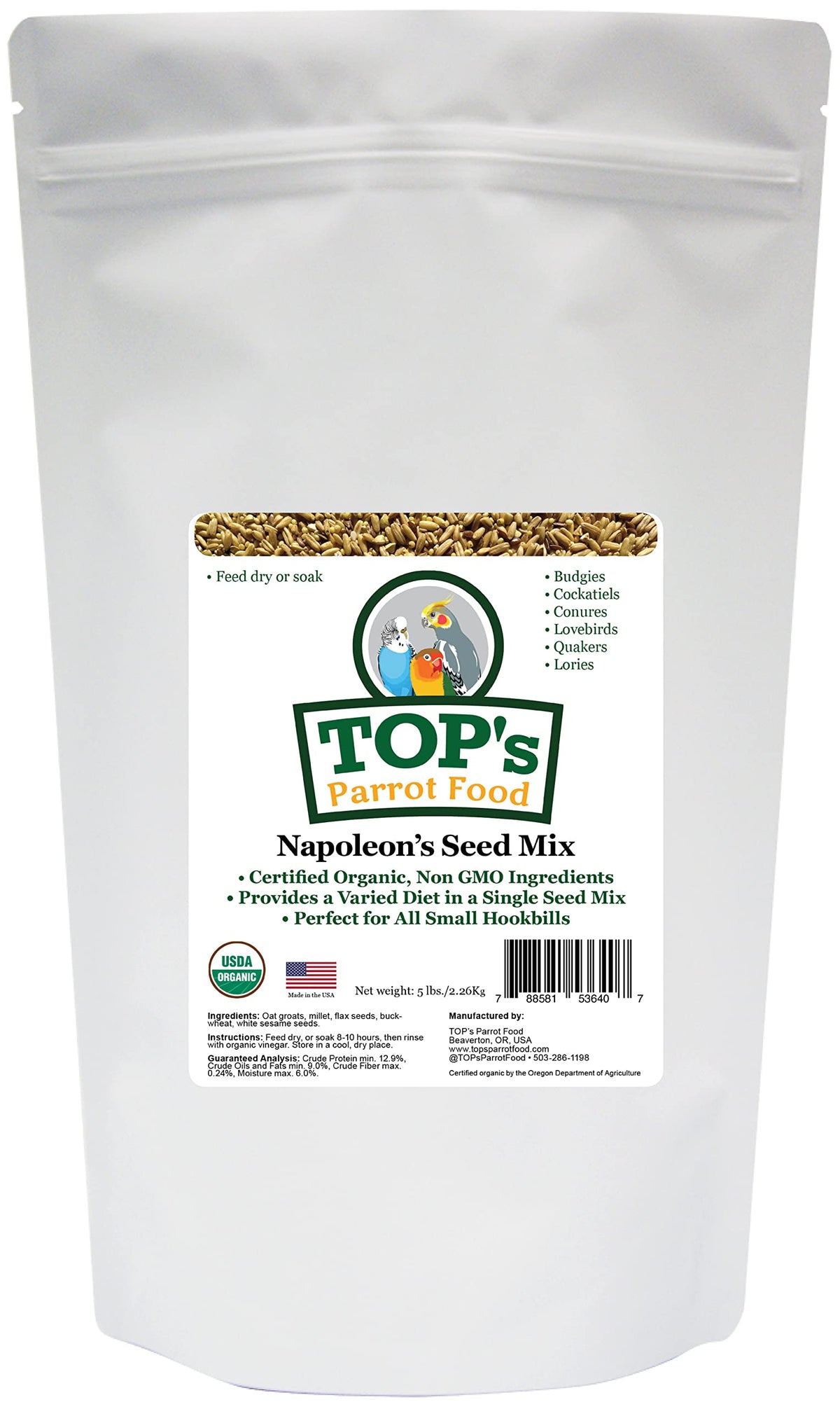 TOP's Parrot Food Napoléon's Mélange pour petits psittaciformes, prêt à nourrir.