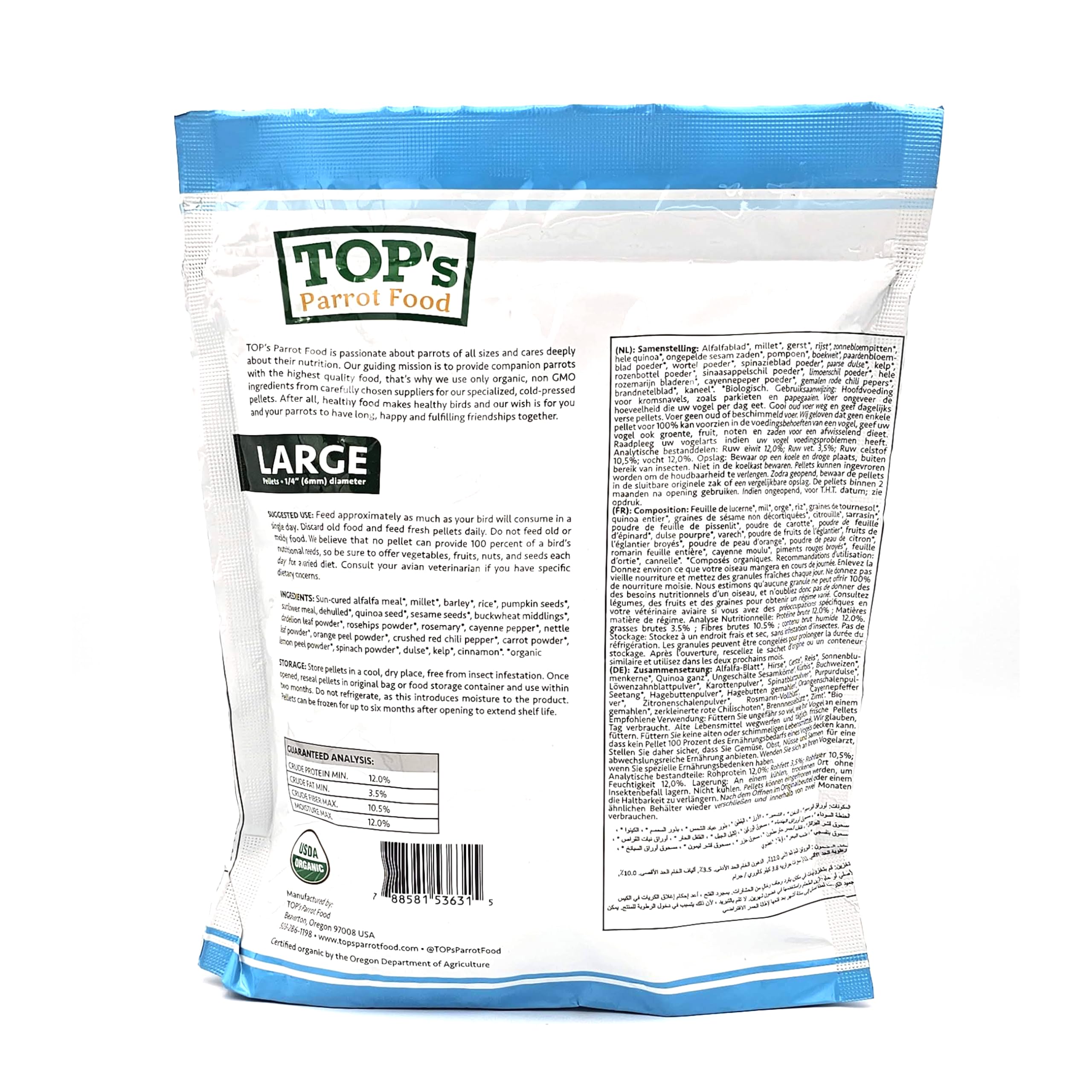 TOP's Parrot Food Pellets Hookbills aromates naturels (romarin, cynorhodon, zeste d'orange) pour préserver le goût.