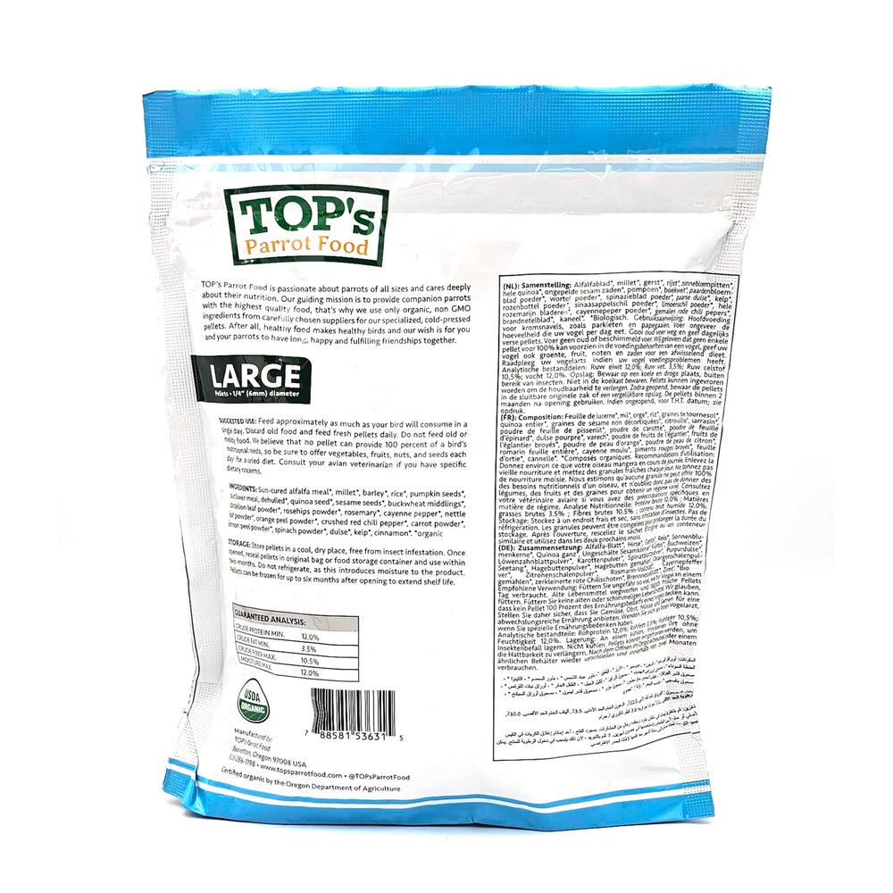TOP's Parrot Food Pellets Hookbills aromates naturels (romarin, cynorhodon, zeste d'orange) pour préserver le goût.