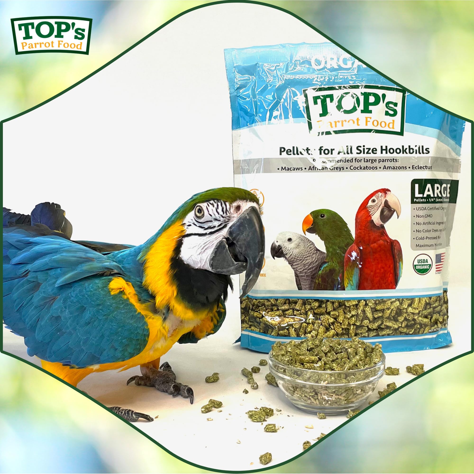 TOP's Parrot Food Pellets Hookbills sans agents de remplissage ni additifs artificiels.
