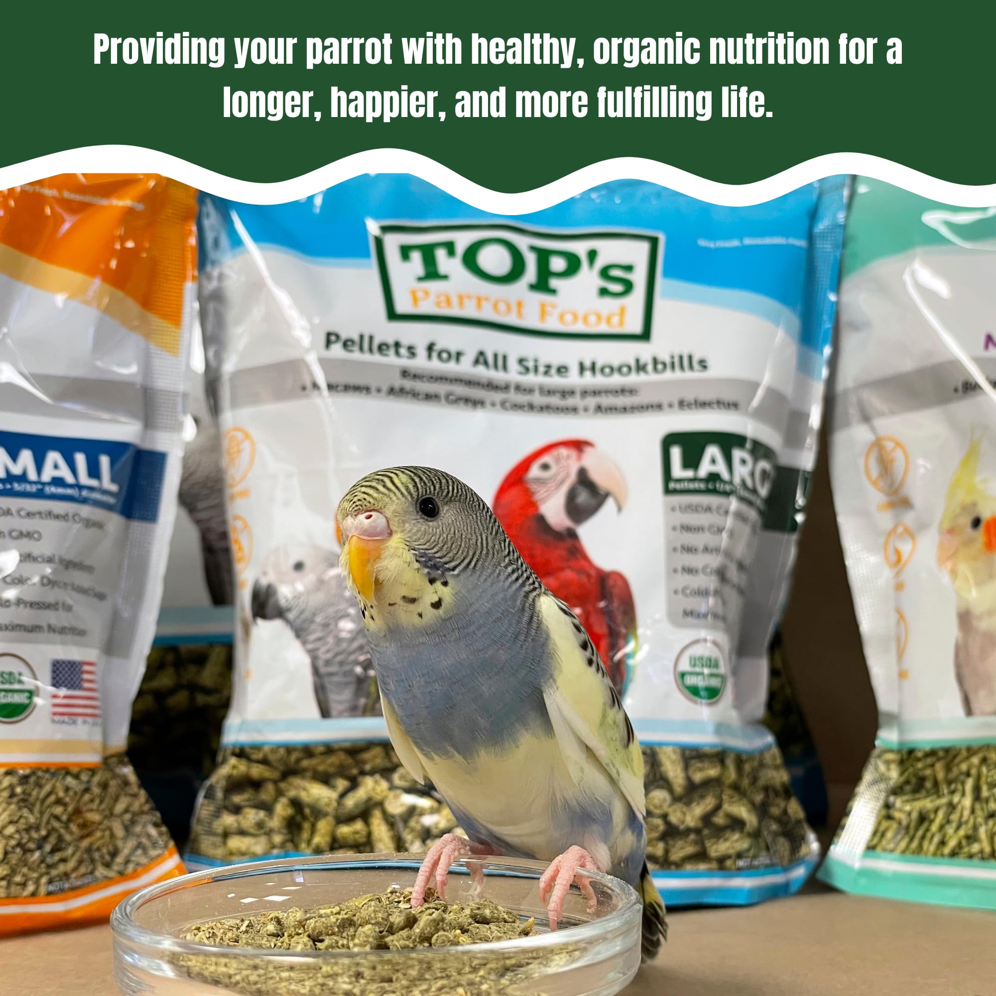 TOP's Parrot Food Pellets Hookbills conserve la nutrition grâce au pressage à froid.