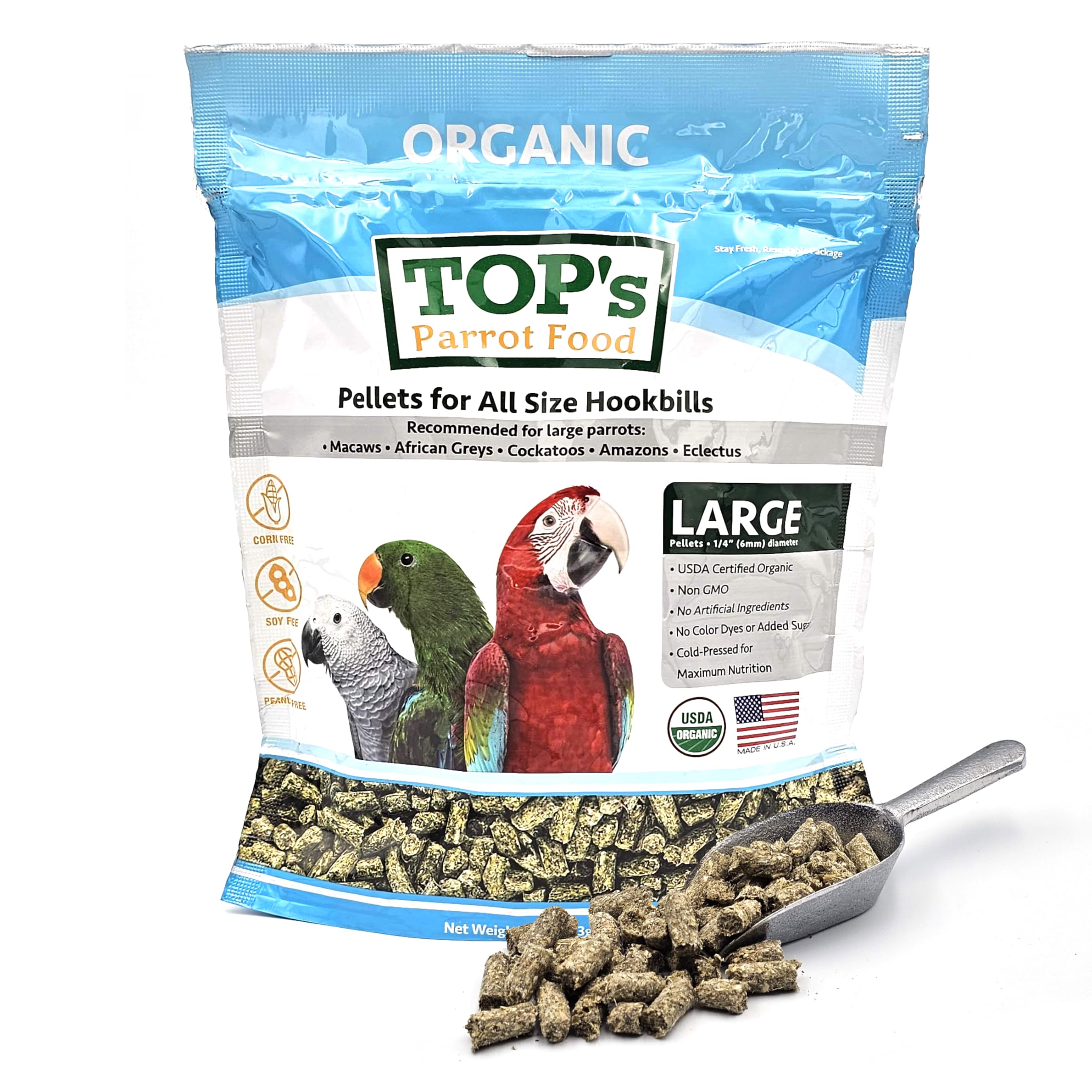 TOP's Parrot Food Pellets Hookbills pour petits perroquets, texture adaptée pour moins de déchets.