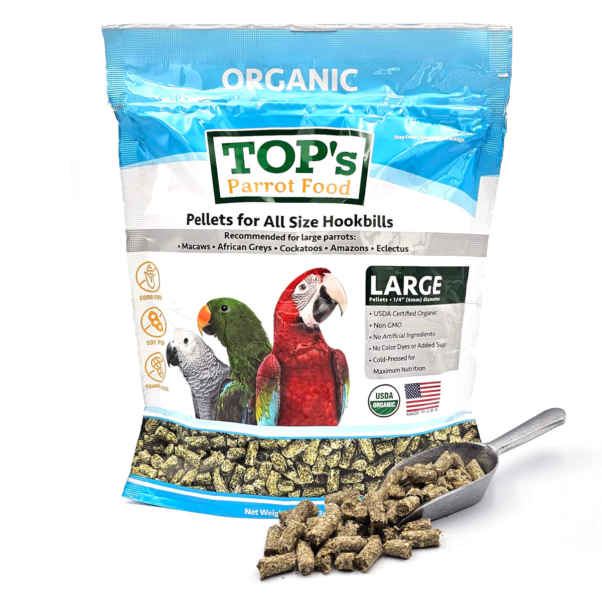 TOP's Parrot Food Pellets Hookbills pour petits perroquets, texture adaptée pour moins de déchets.