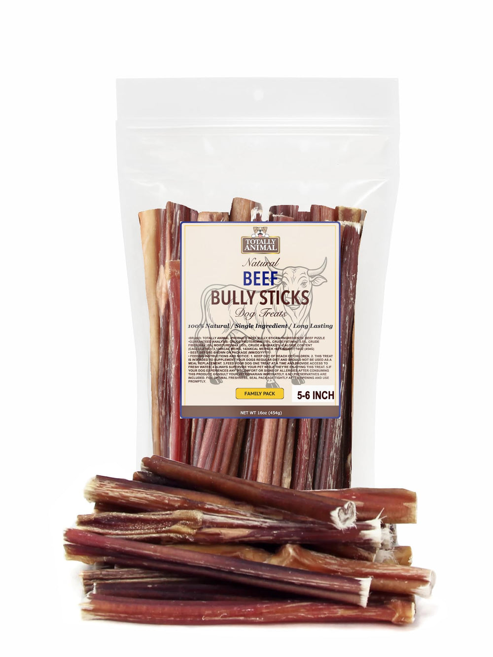 Totally Animal Bully Sticks bâtonnets longs 5–6 pouces dans le sachet, longue durée pour chien.