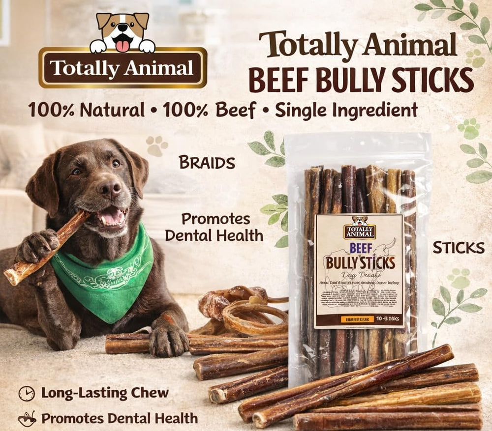 Totally Animal Bully Sticks emballage 1-livre avec environ 16-20 bâtonnets.