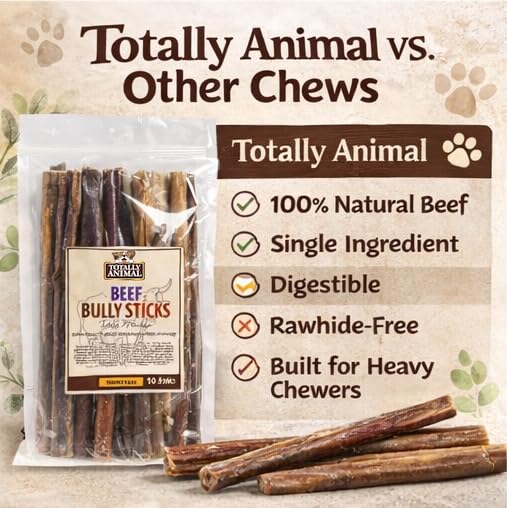 Totally Animal Bully Sticks adapté aux chiots en dentition, aide à calmer les gencives.