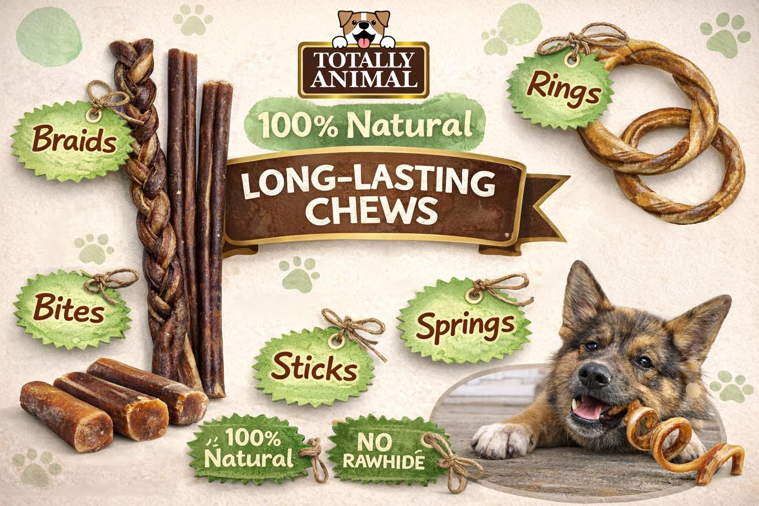 Totally Animal Bully Sticks sans cuir naturel, option saine pour mastiquer.