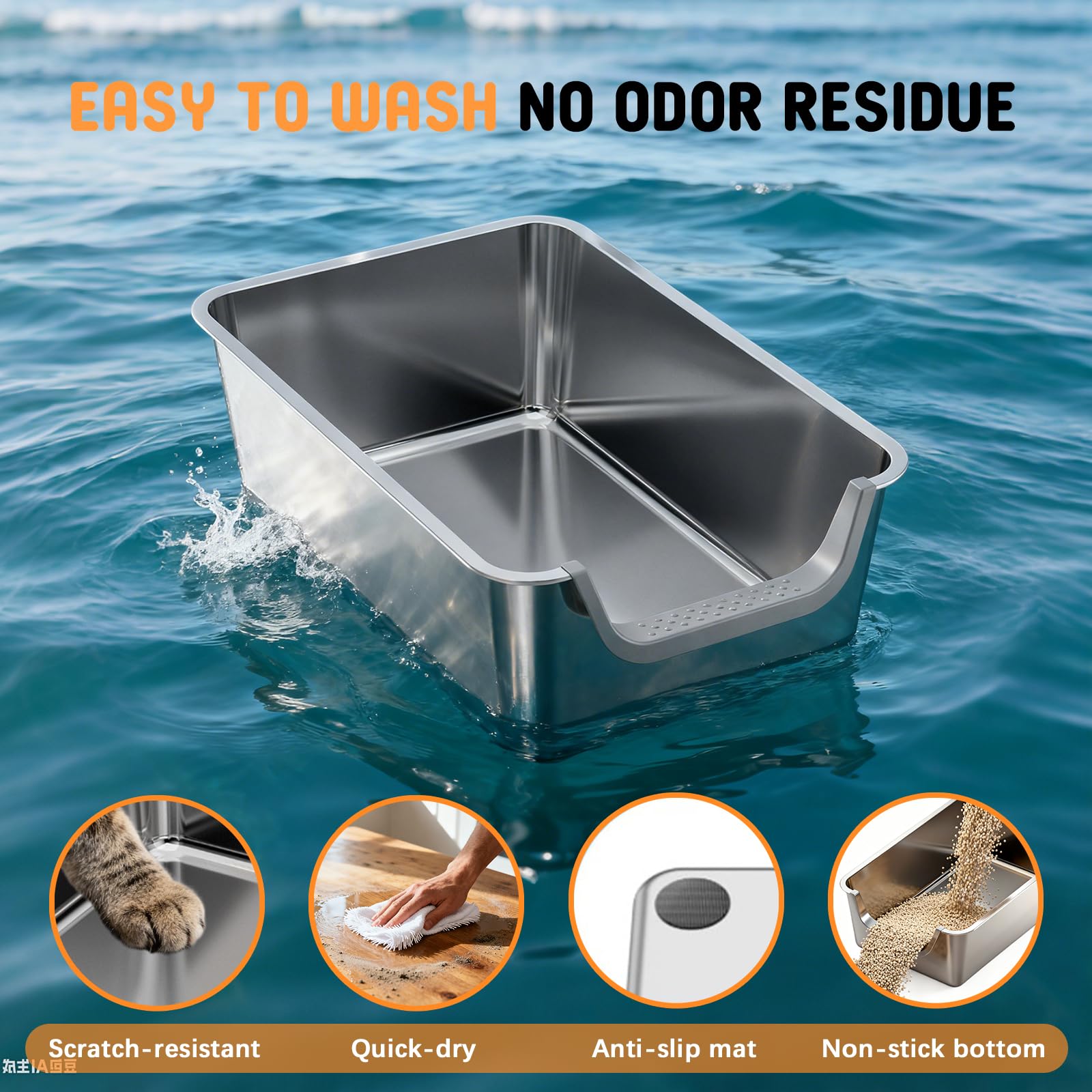 TownTime grande litiere inox pour plusieurs chats, espace pour fouiller et tourner