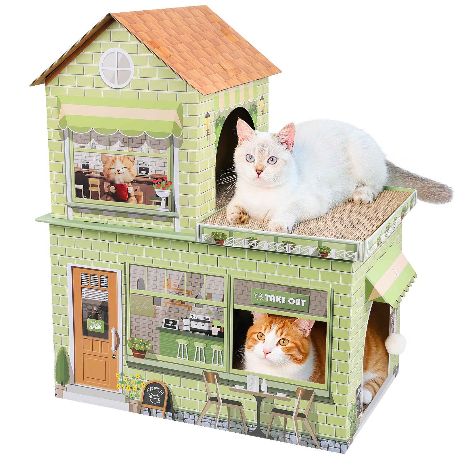 TOYSBOOM Maison chat carton Café étage double, espace repos et jeux.