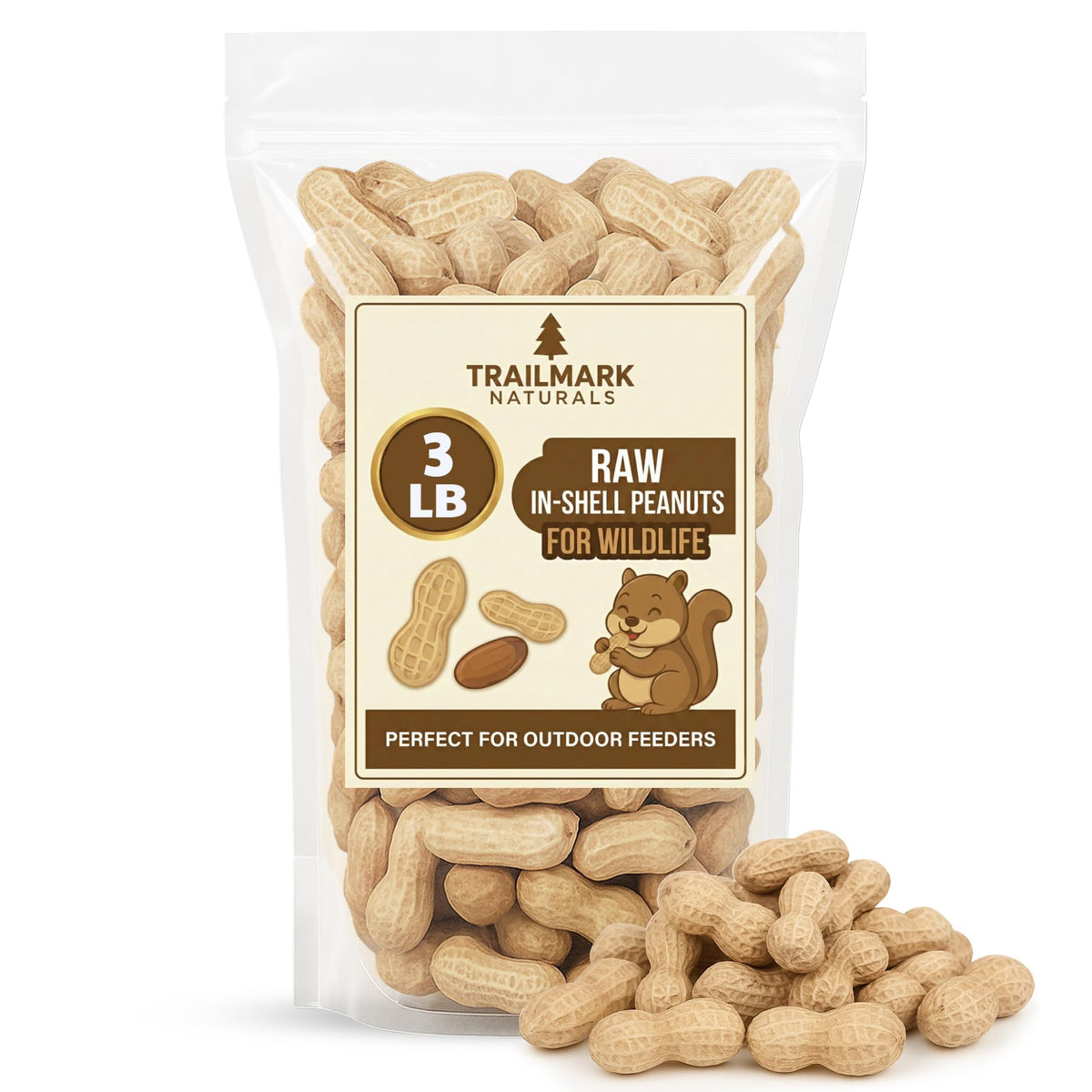 Trailmark Naturals cacahuètes en coquille crus, attirant écureuils et oiseaux dans le jardin.