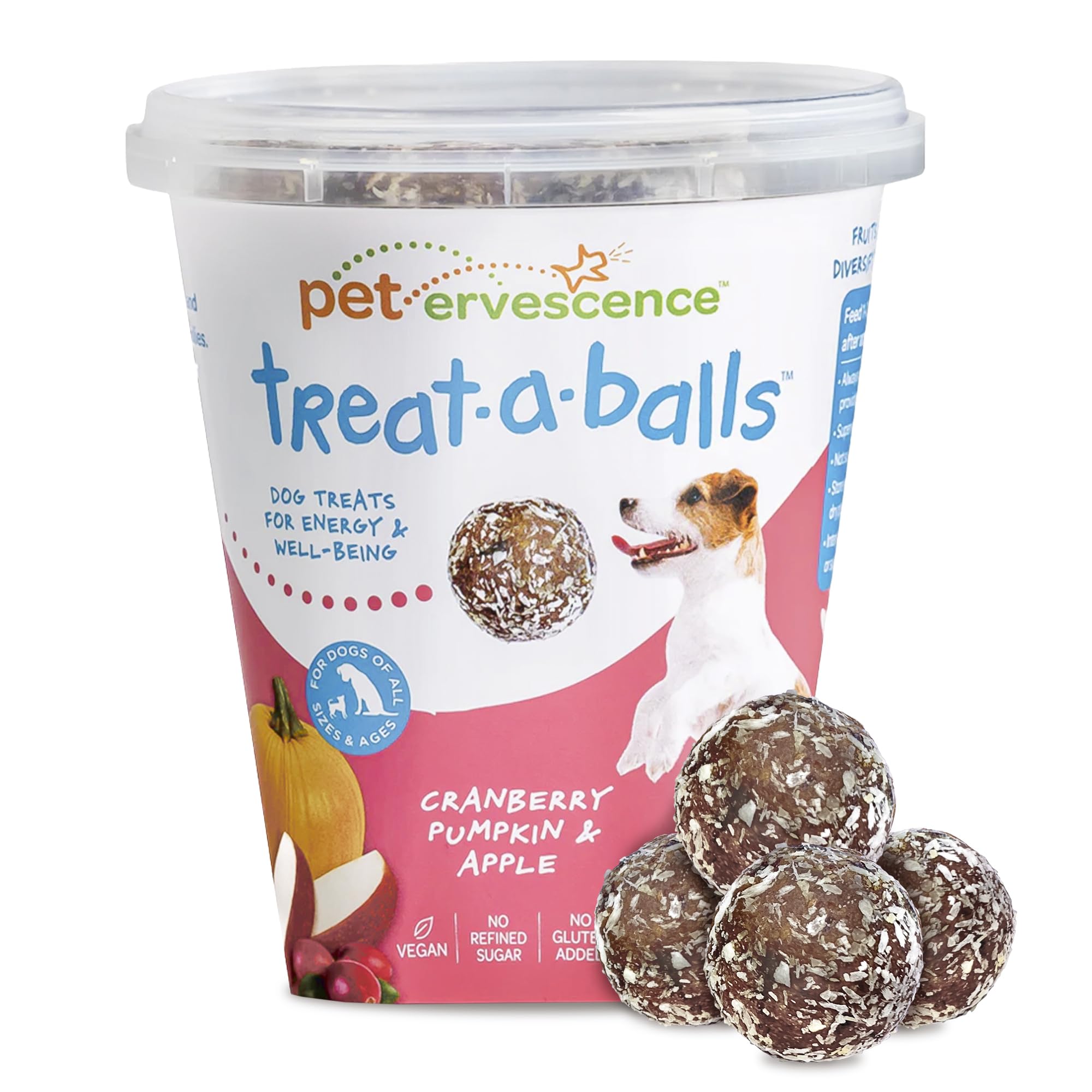 Friandises Treat-A-Balls emballage montrant le melange pumpkin cranberry pomme pour energie naturelle.