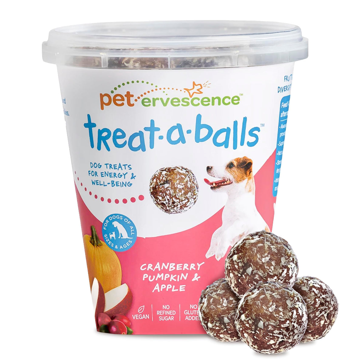 Friandises Treat-A-Balls emballage montrant le melange pumpkin cranberry pomme pour energie naturelle.