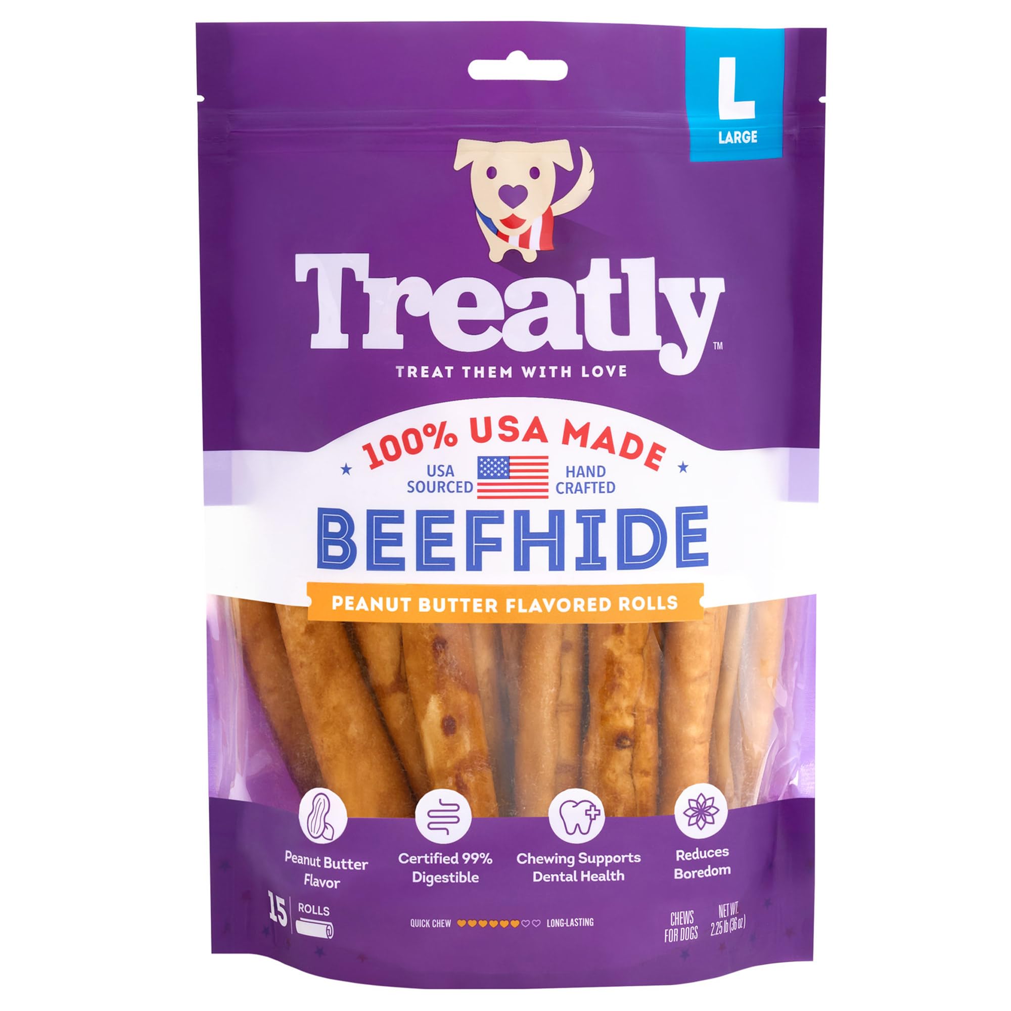 Rouleaux Treatly en cuir de boeuf, 8-9 pouces, saveur cacahuète.