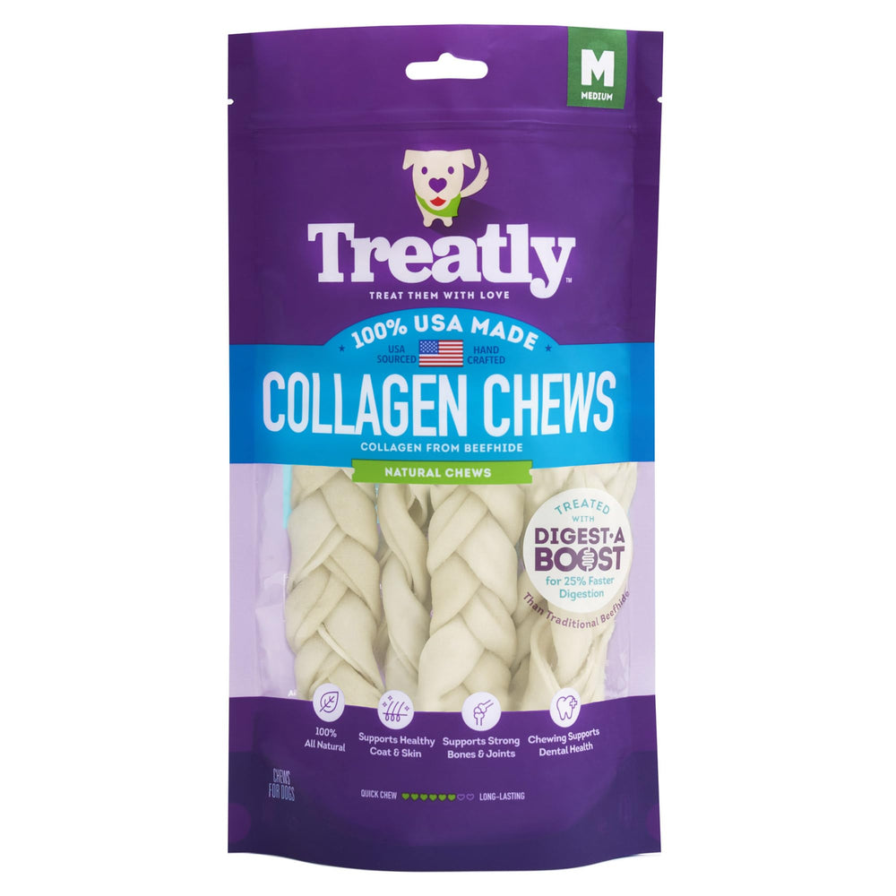 Friandises Treatly nattes collagène – favorisent la mastication et le soin dentaire.