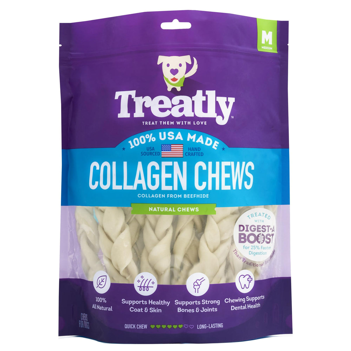 Friandise Treatly nattes collagene 6-7 pouces, texture résistante pour mâcher et goût naturel.