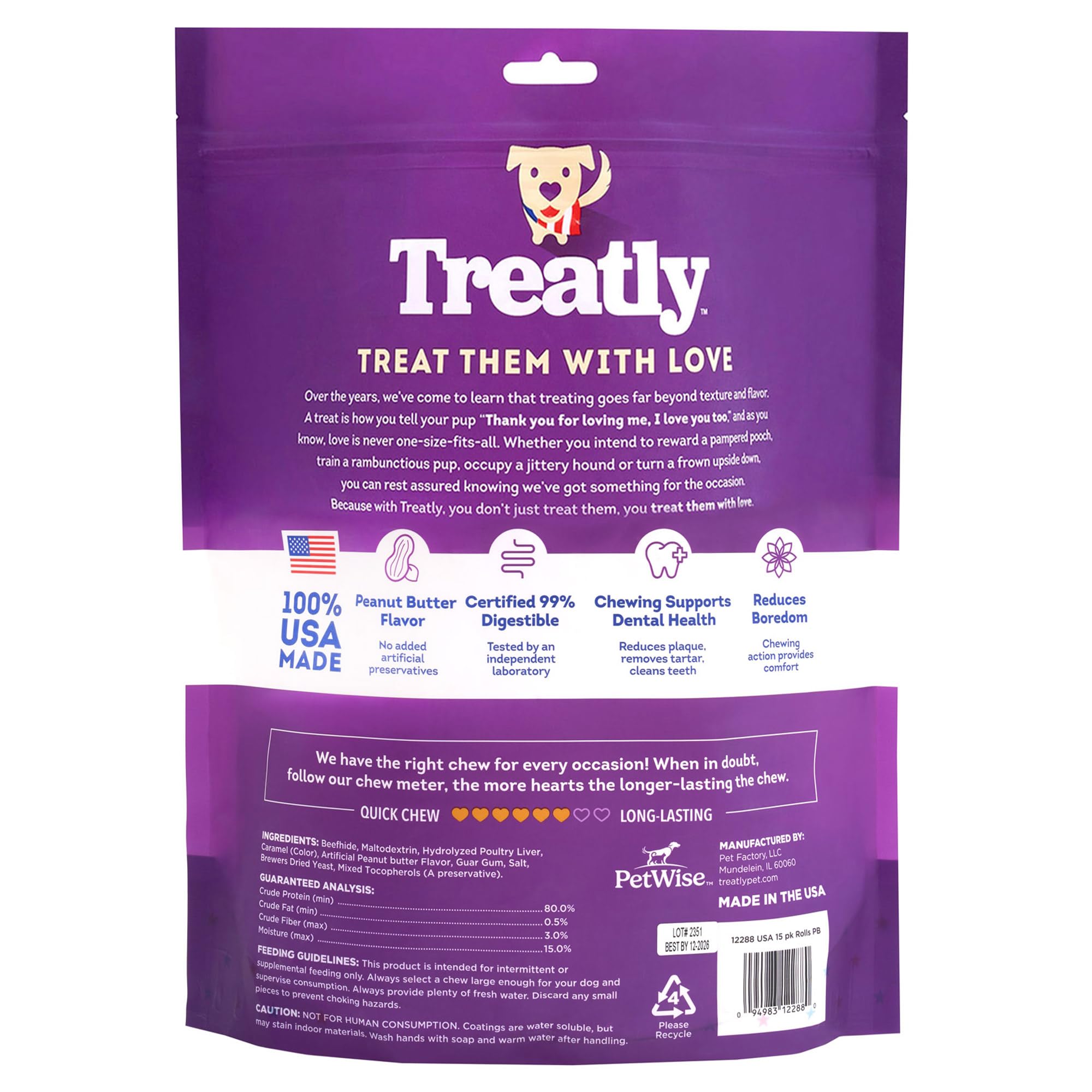 Rouleaux dentaires Treatly pour chien, soutien potentiel à l'hygiène buccale.