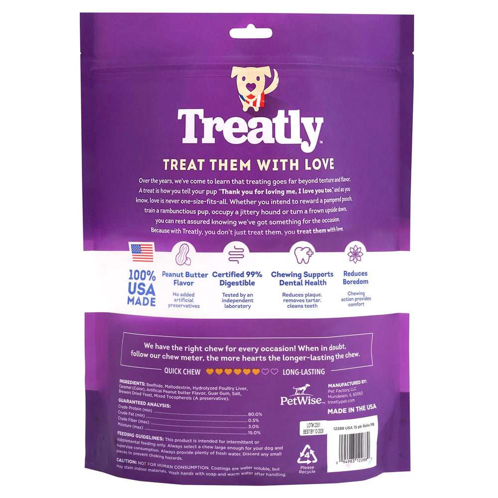 Rouleaux dentaires Treatly pour chien, soutien potentiel à l'hygiène buccale.