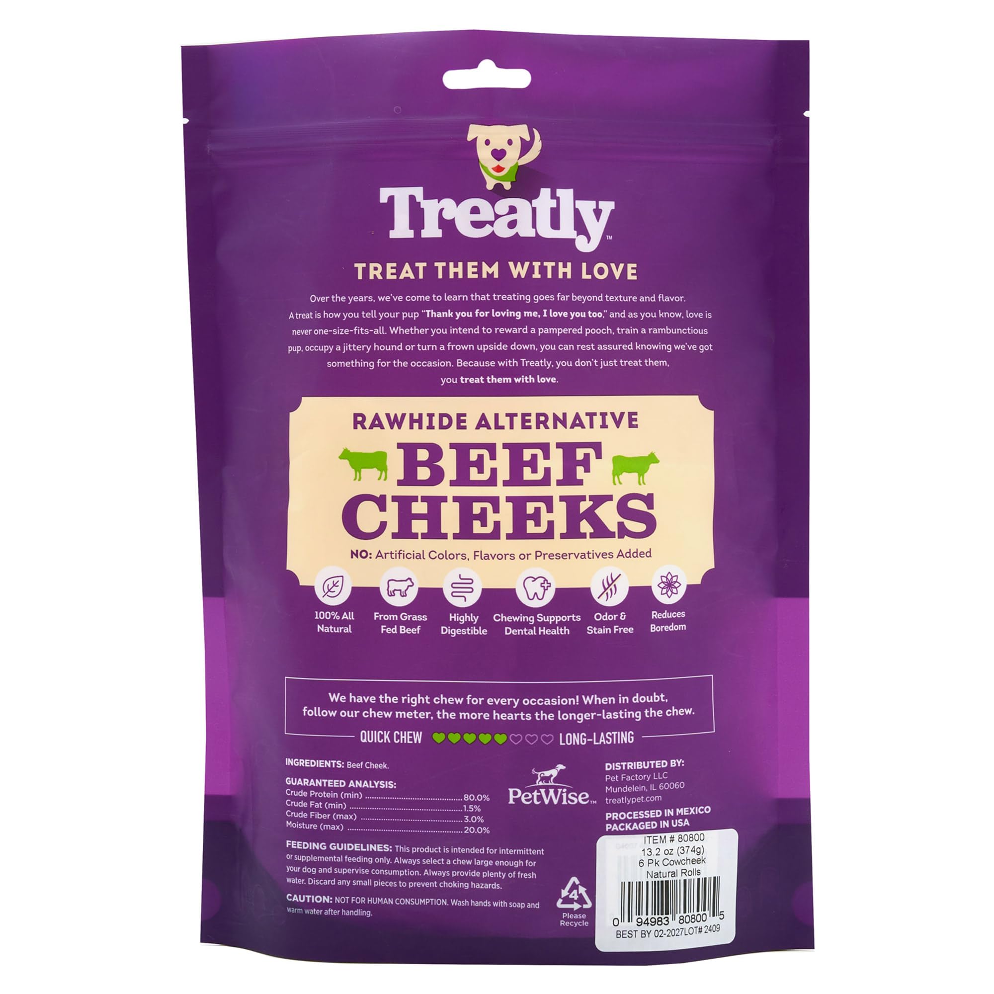 Friandise Treatly rouleaux joue boeuf 6 unités : snack durable pour chiens actifs.