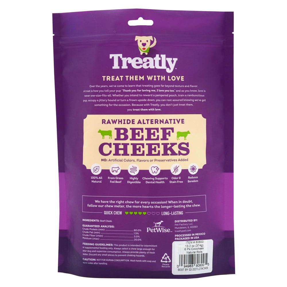 Friandise Treatly rouleaux joue boeuf 6 unités : snack durable pour chiens actifs.
