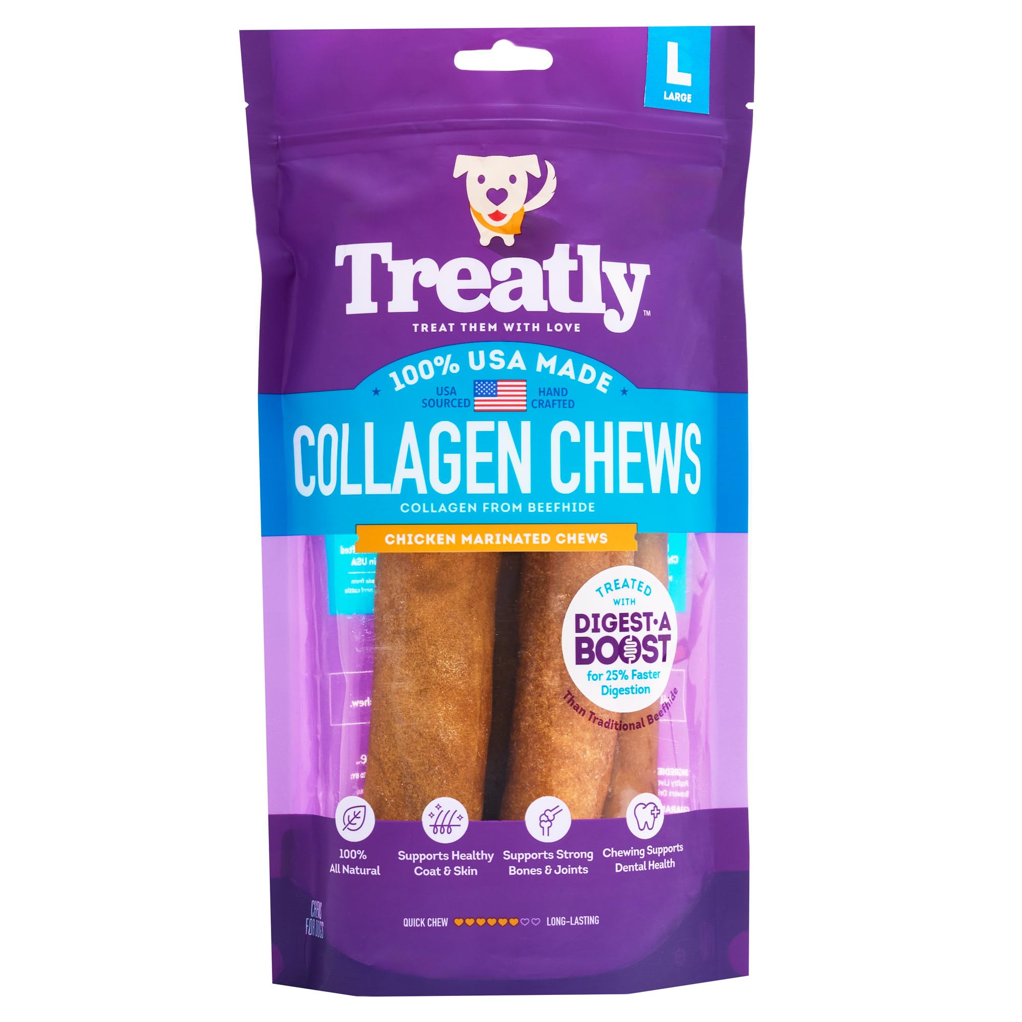 Friandise Treatly Roulés Collagène Poulet Marinade, idéale pour les chiens qui mâchent longuement