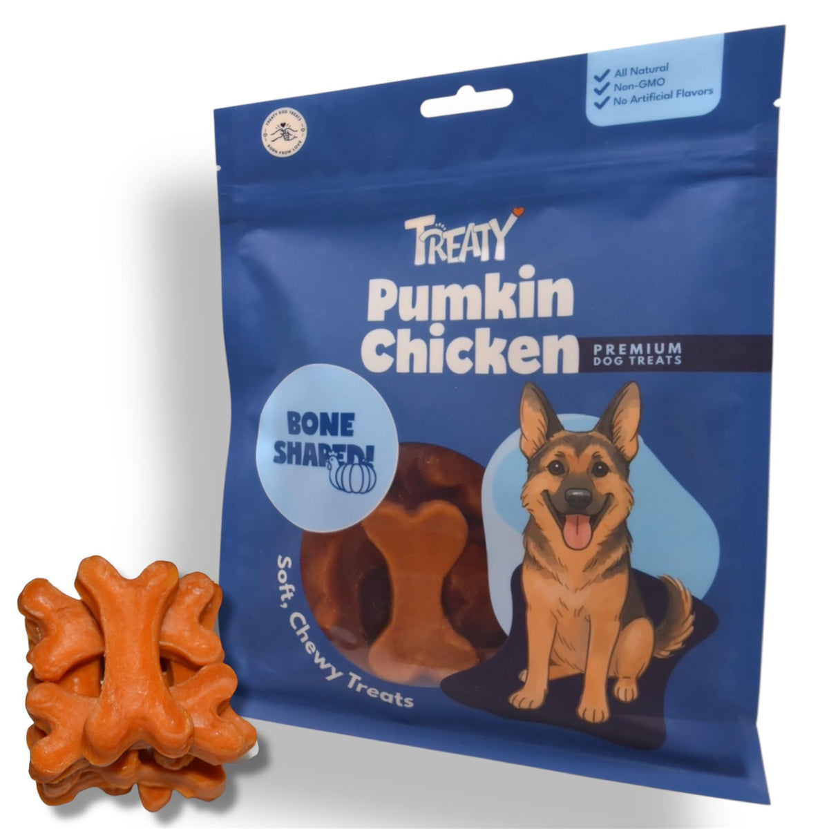 Friandises Treaty visibles sur l’emballage; récompense naturelle pour chien.
