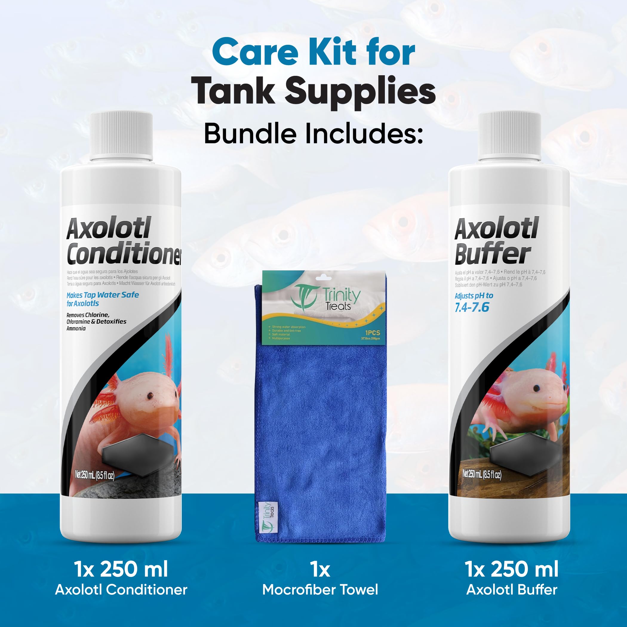 Tampon pH Axolotl Trinity Treats 250 ml pour équilibrer l’eau.