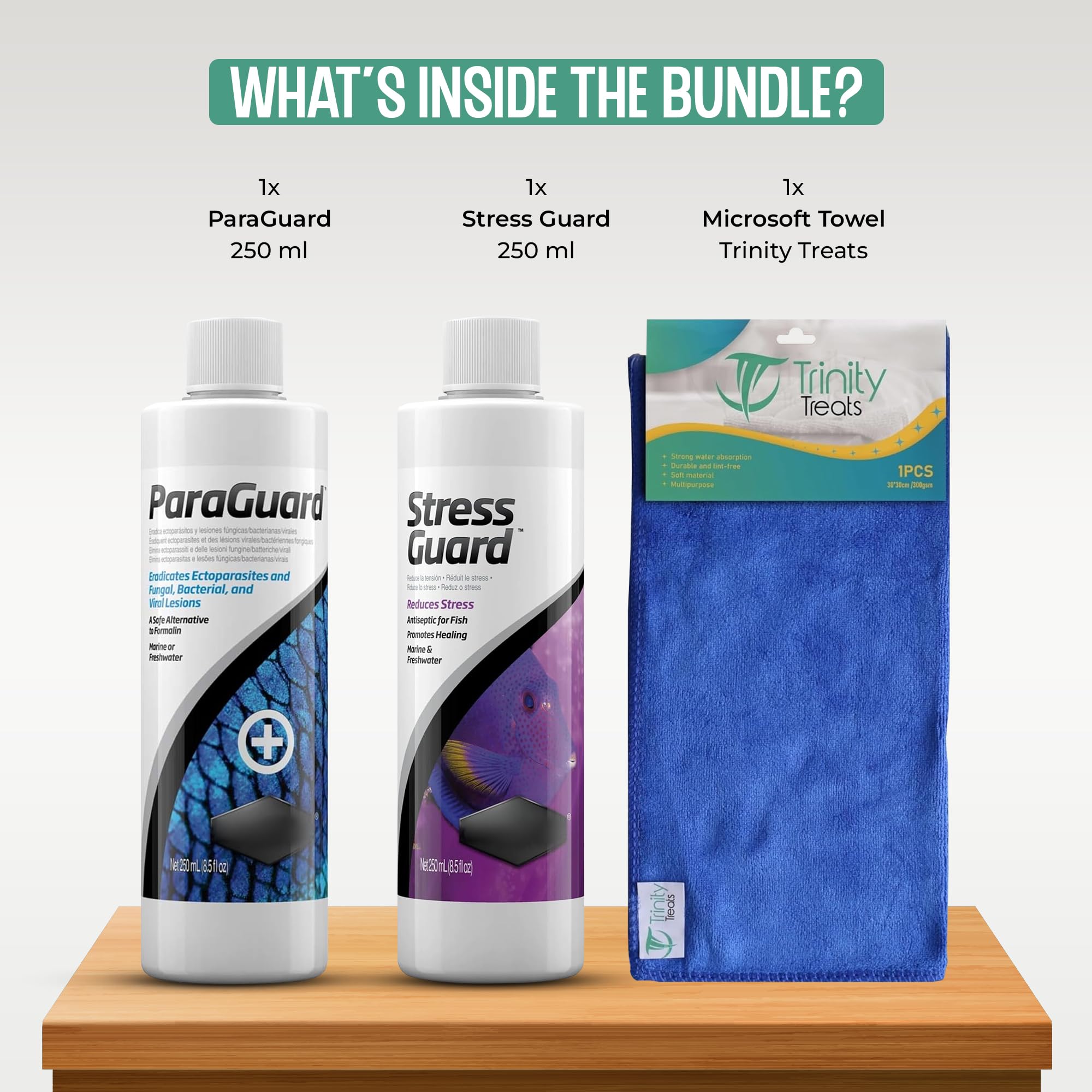 StressGuard Trinity Treats 250ml – bouteille en gros plan, protège les poissons en période de stress