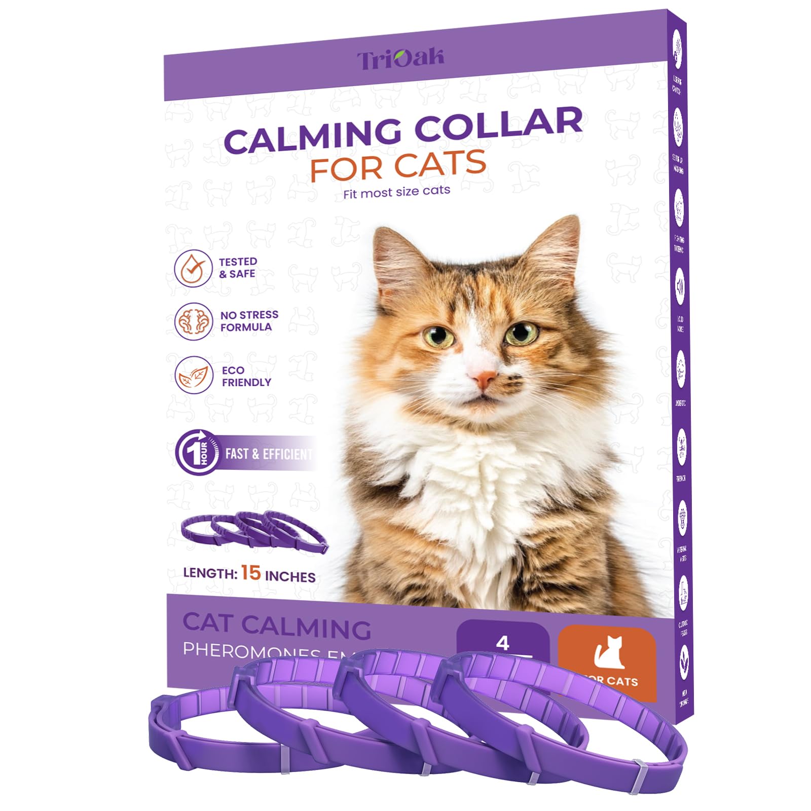 TriOak 4-pack collier apaisant pour chats autour du cou, prêt pour plusieurs animaux.