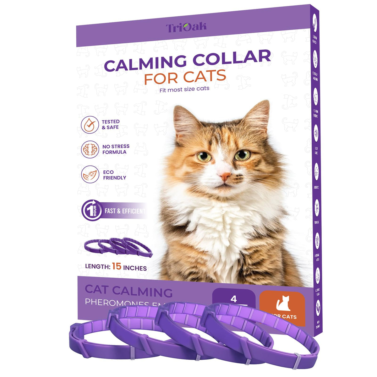 TriOak 4-pack collier apaisant pour chats autour du cou, prêt pour plusieurs animaux.