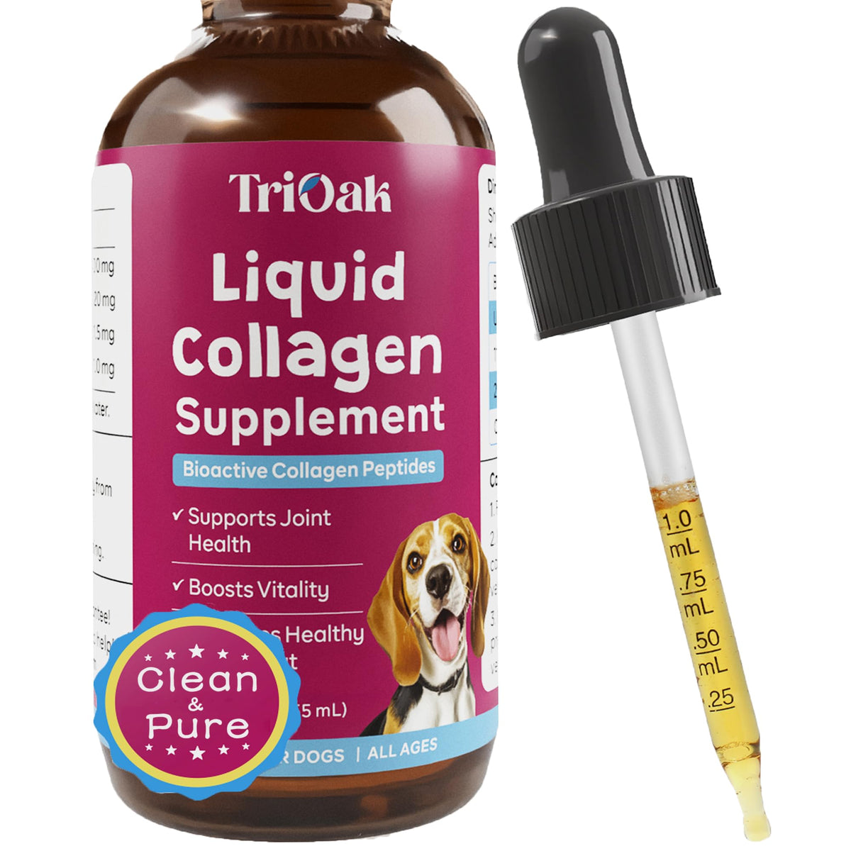 TriOak gouttes collagène chien, application quotidienne pour soutenir les articulations et les hanches.
